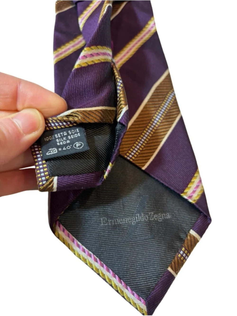 Ermenegildo Zegna Silk Tie Purple Brown Stripe Italy Luxury Designer